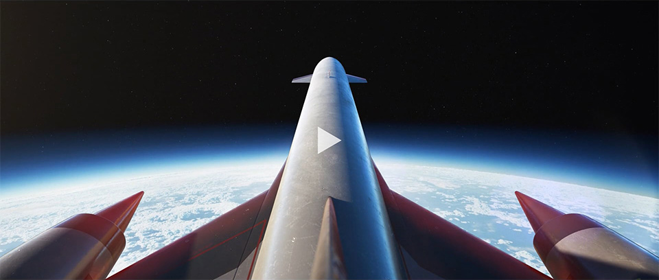 View of a rocket flying above Earth with the planet's curved horizon and clouds visible below.