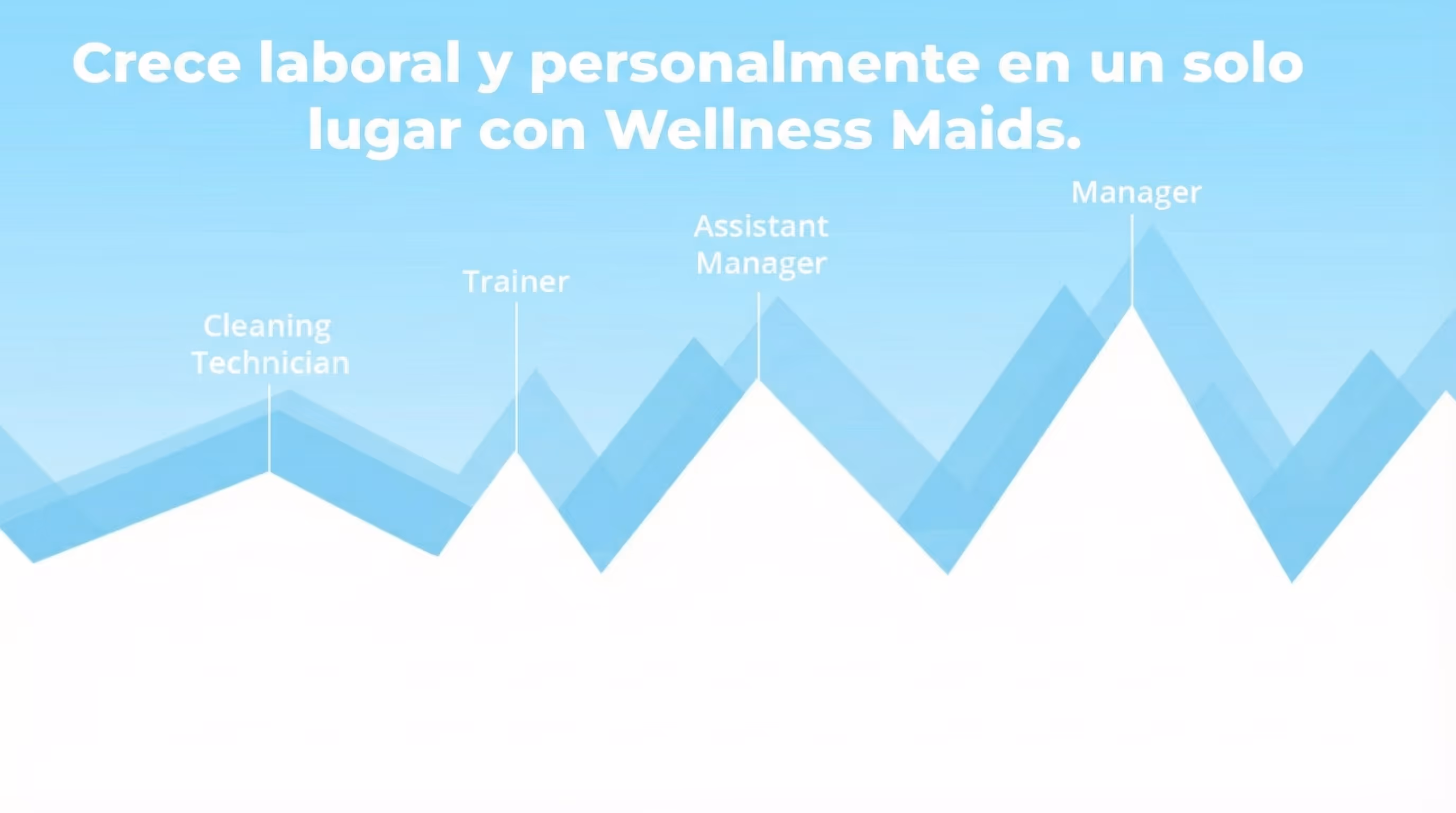 Blue mountain chart showing career growth stages: Cleaning Technician, Trainer, Assistant Manager, and Manager with a message about growing professionally and personally with Wellness Maids.