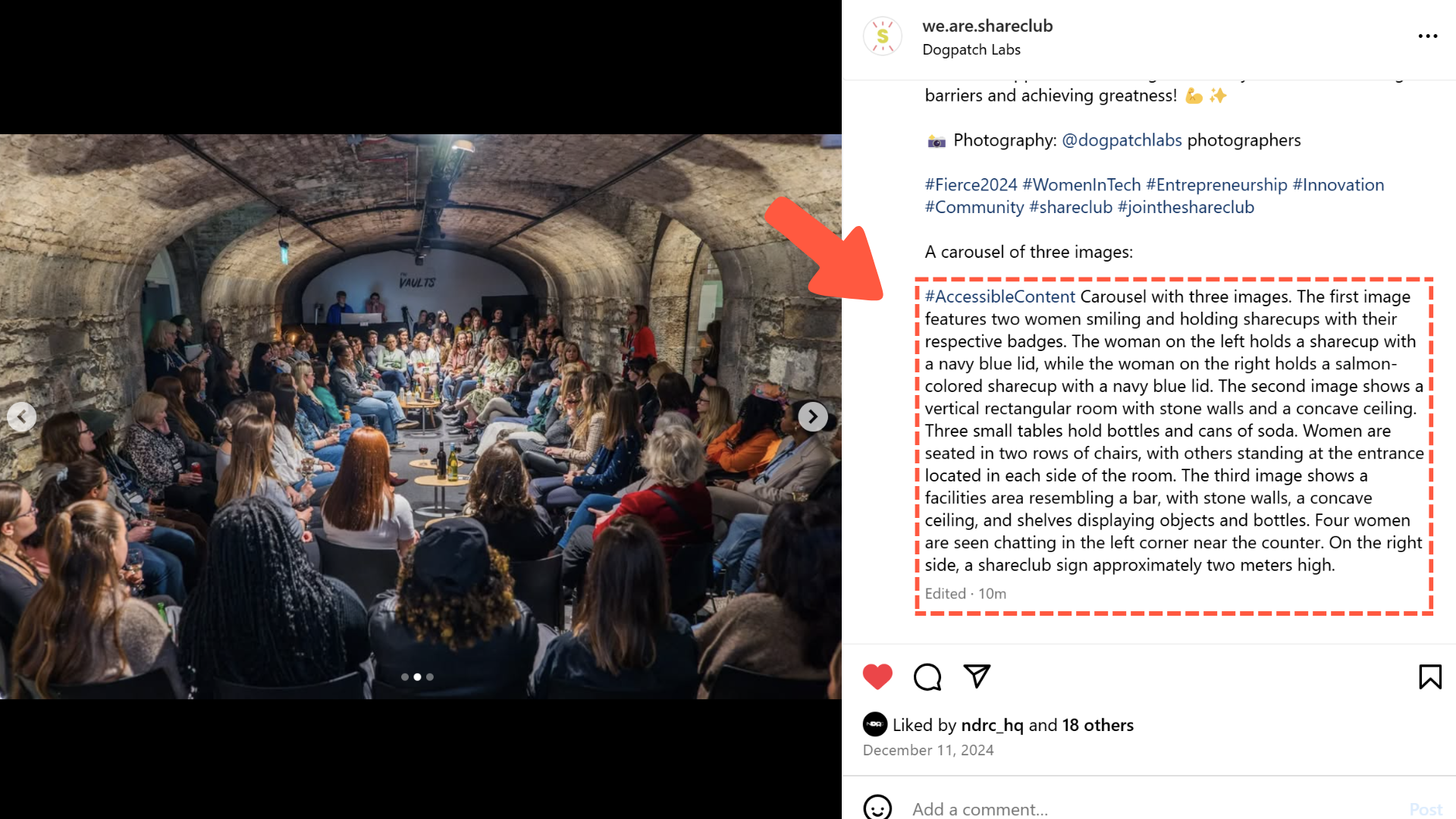 An Instagram screenshot shows the hashtag accessible content followed by a image description, making shareclub content accessible for bling people.