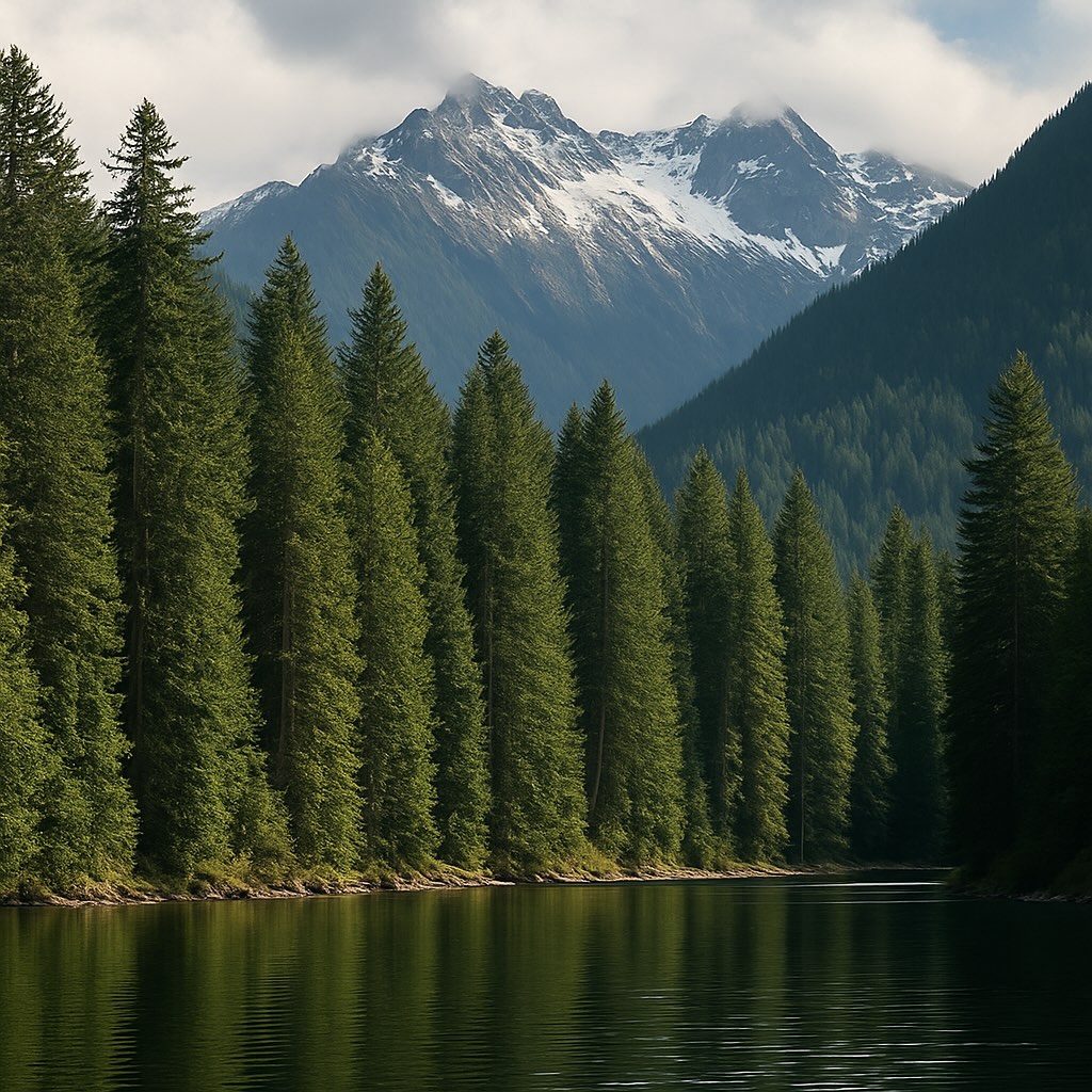 A high-resolution, photorealistic image of a dense evergreen forest in the Pacific Northwest, featuring tall pine trees, misty air, and soft natural lighting filtering through the canopy.