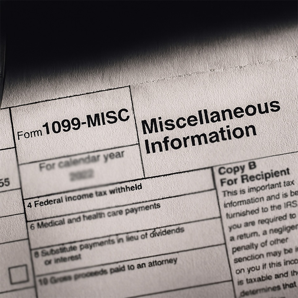 Close-up of IRS Form 1099-MISC for miscellaneous income tax reporting, showing key sections and fields.