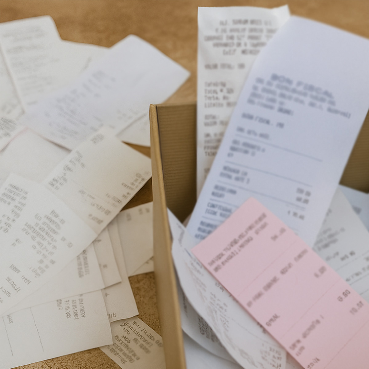 A pile of assorted paper receipts scattered on a surface and overflowing from a cardboard box, suggesting disorganized expense tracking or bookkeeping.