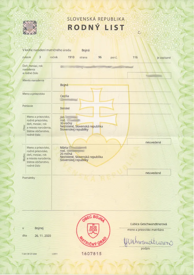 Slovak birth certificate, an example of a document that requires an apostille