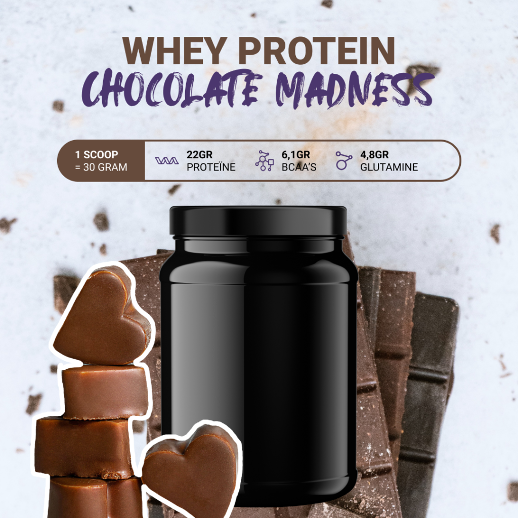 een pot whey protein met de smaak chocolade en de specificaties van het product per scoop