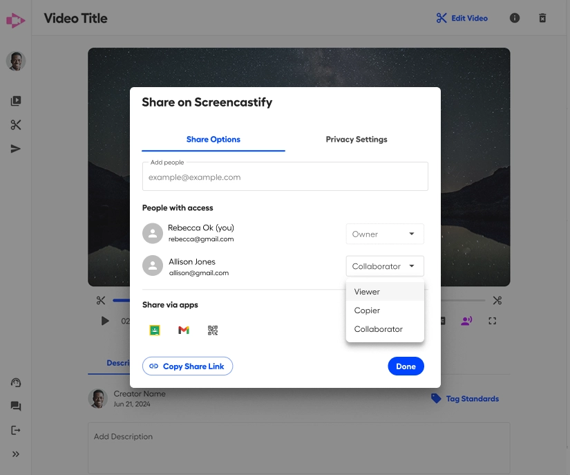 Sharing options for your video recording.