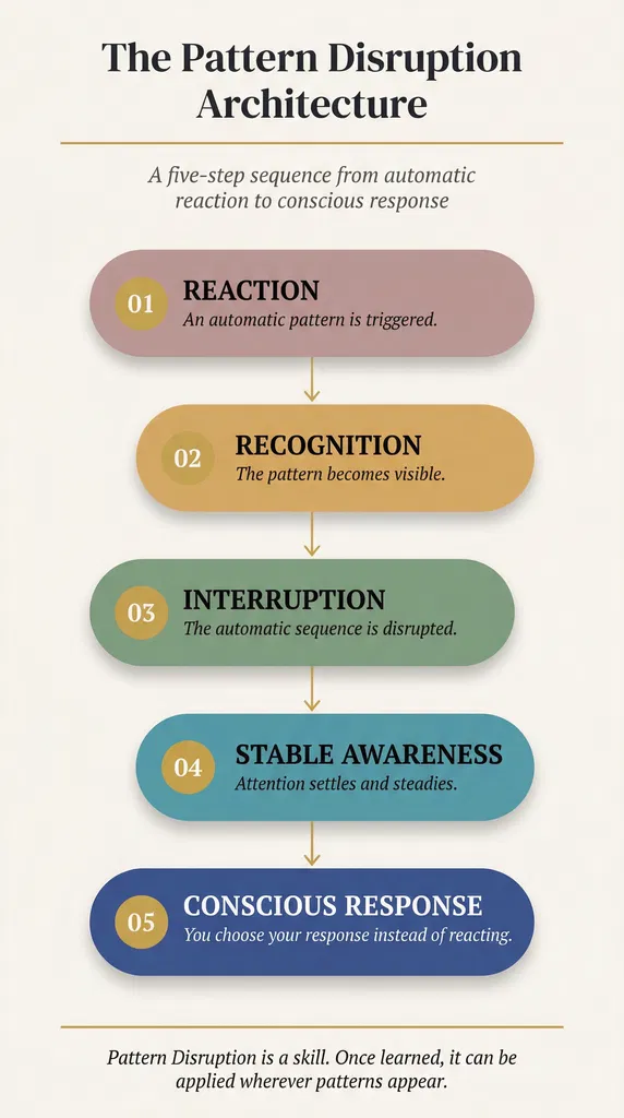 Five-step pattern disruption architecture: reaction, recognition, interruption, stable awareness, and conscious response.