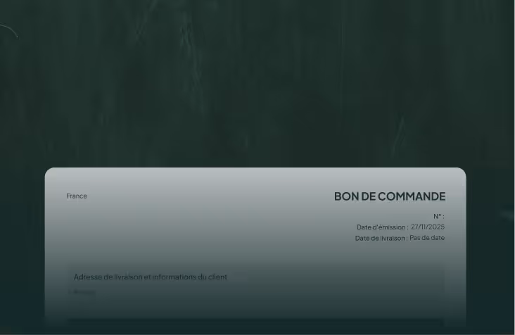 Partial view of a French document titled 'Bon de Commande' with issue date 27/11/2025 on a dark green background.