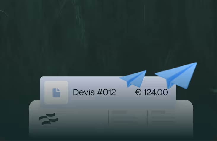 User interface element showing a document labeled 'Devis #012' with a price of €124.00 and two blue paper airplane icons above it.