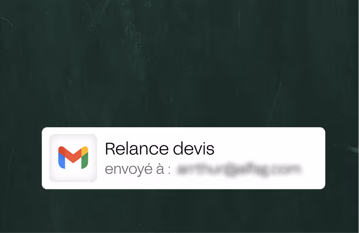 Gmail notification with subject 'Relance devis' and recipient email partially blurred.