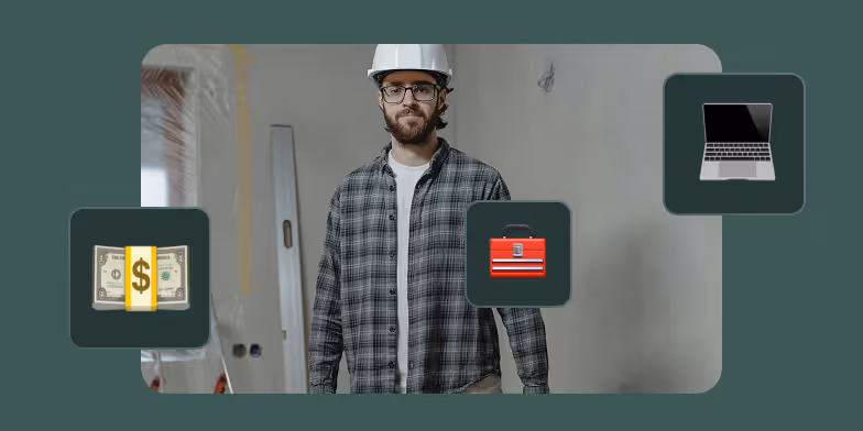 travailleur avec casque et emoji de boite a outils, ordinateur et argent