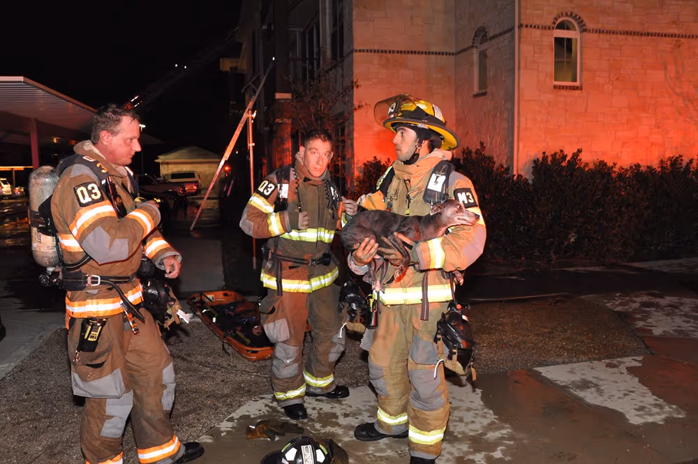 Frisco firefighters at night after rescuing a dog from a house fire, standing outside a residential building with emergency lights illuminating the scene