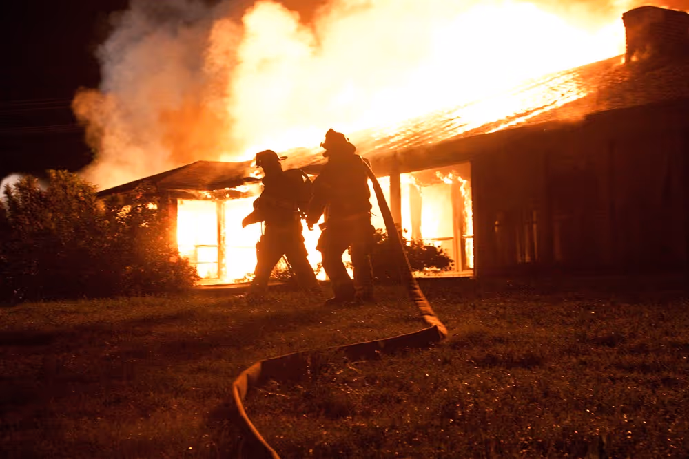 Two firefighters respond to a large house fire at night with flames engulfing the structure