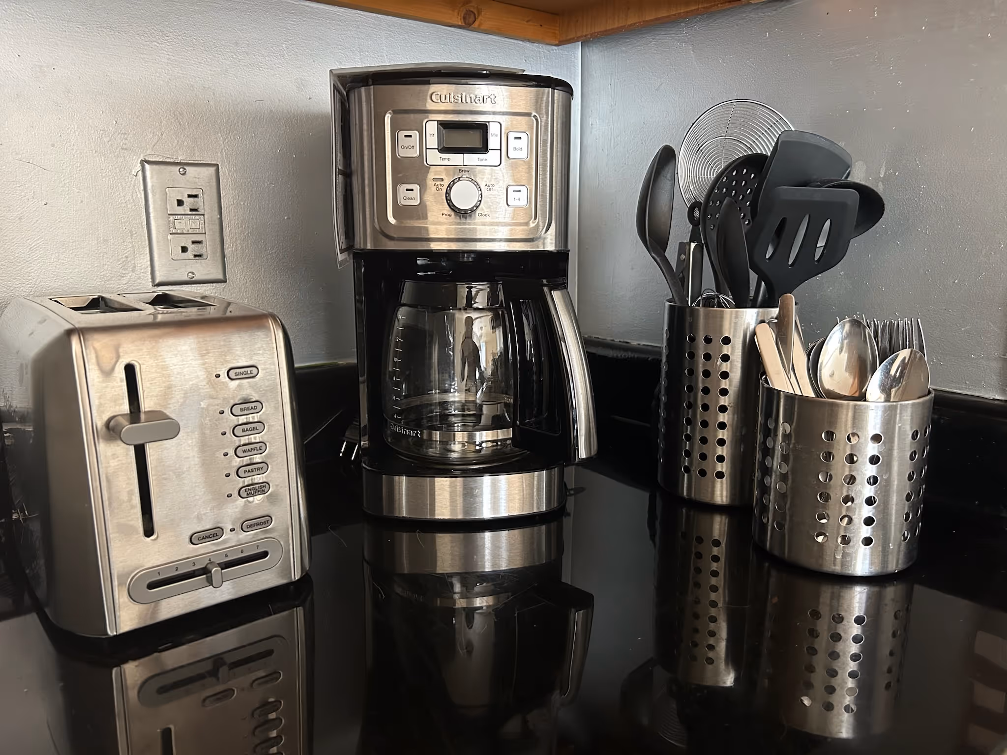 cooking utensils and toaster