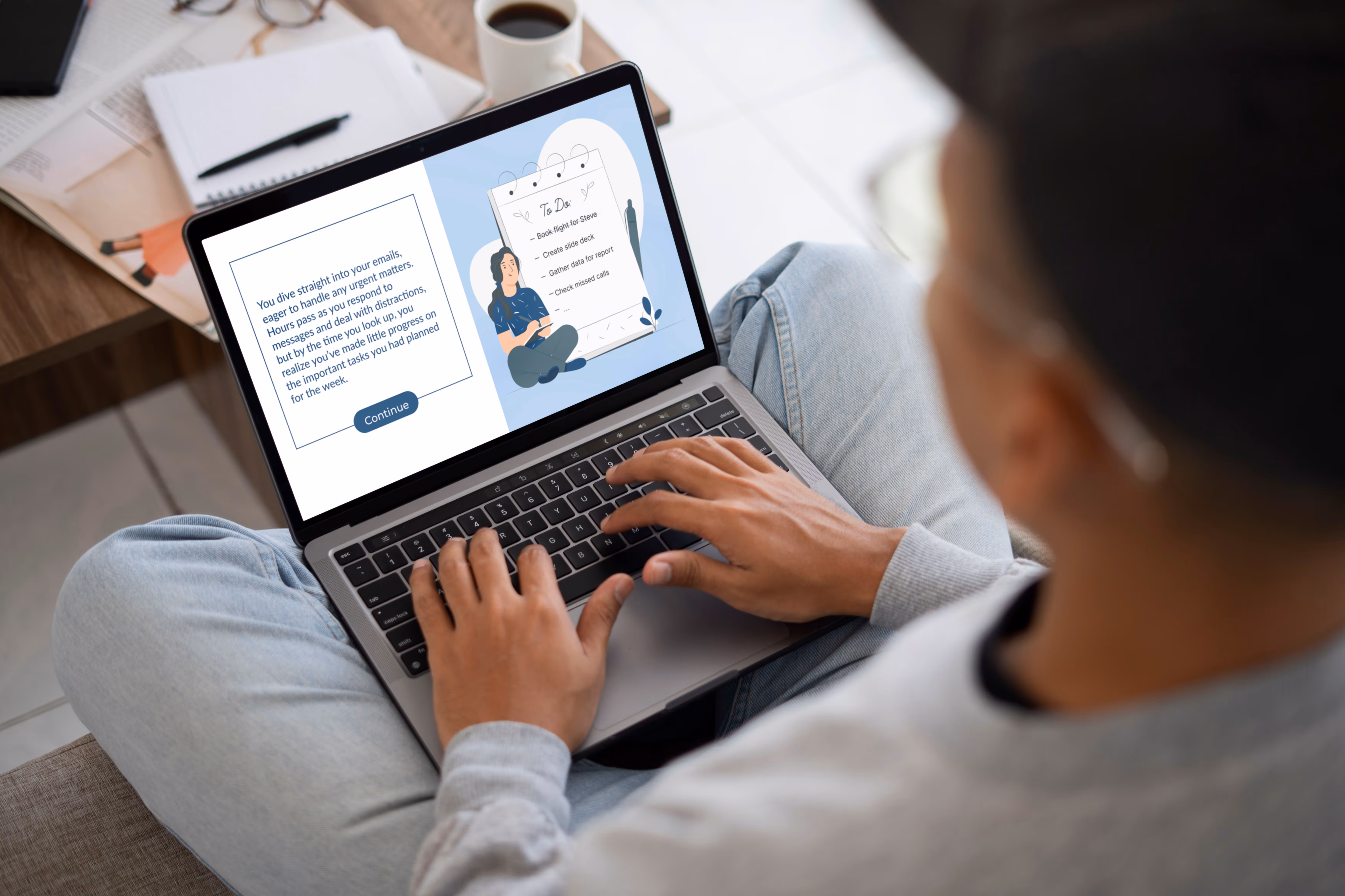 Man with hat and glasses viewing time management course on laptop.