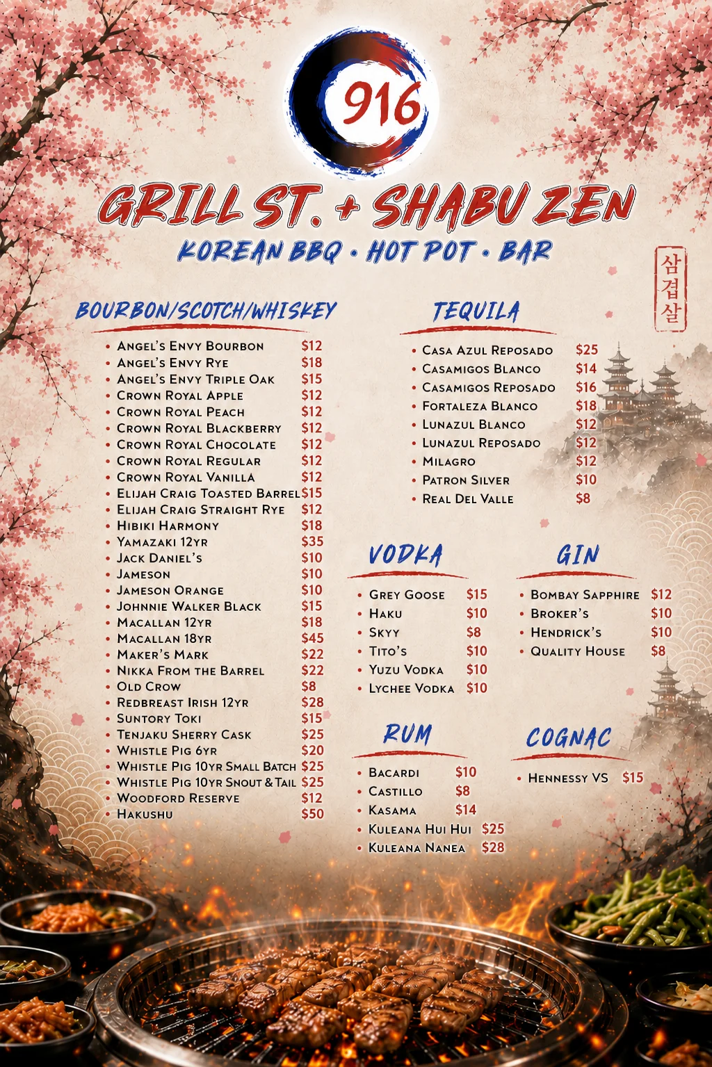 Menu: spirits — whiskey, tequila and vodka