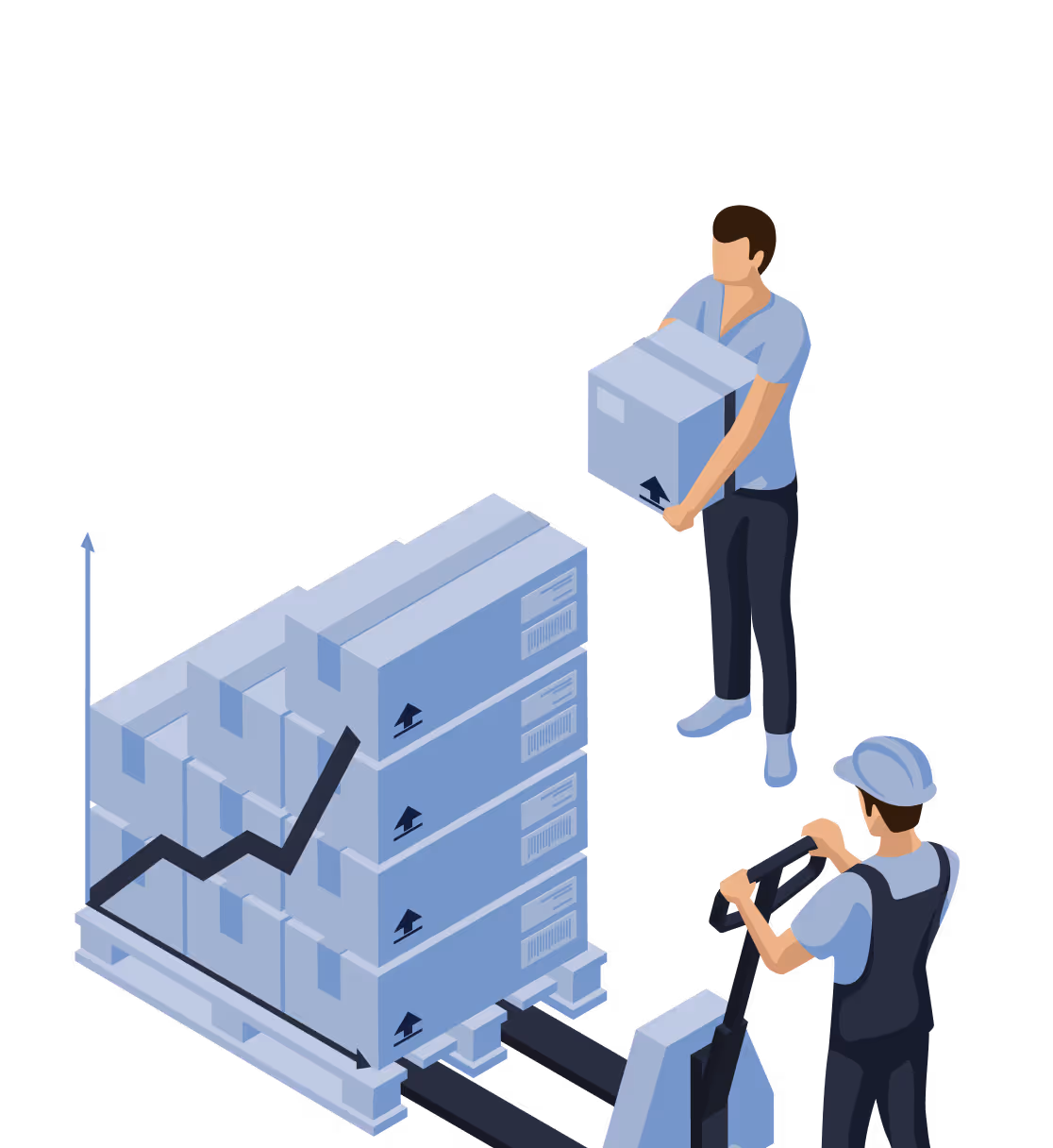 Illustration von zwei Logistikmitarbeitern beim Stapeln und Transportieren von Paketen, mit steigender Wachstumskurve im Hintergrund.