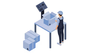 Isometrische Illustration eines Lagers mit Regalen, auf denen Kartons gestapelt sind.