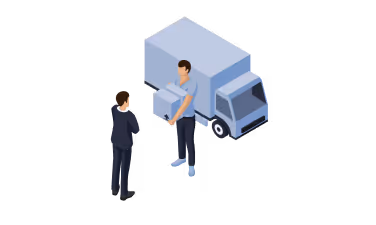 Isometrische Illustration einer Lieferung, bei der ein Paket an einen Kunden übergeben wird.