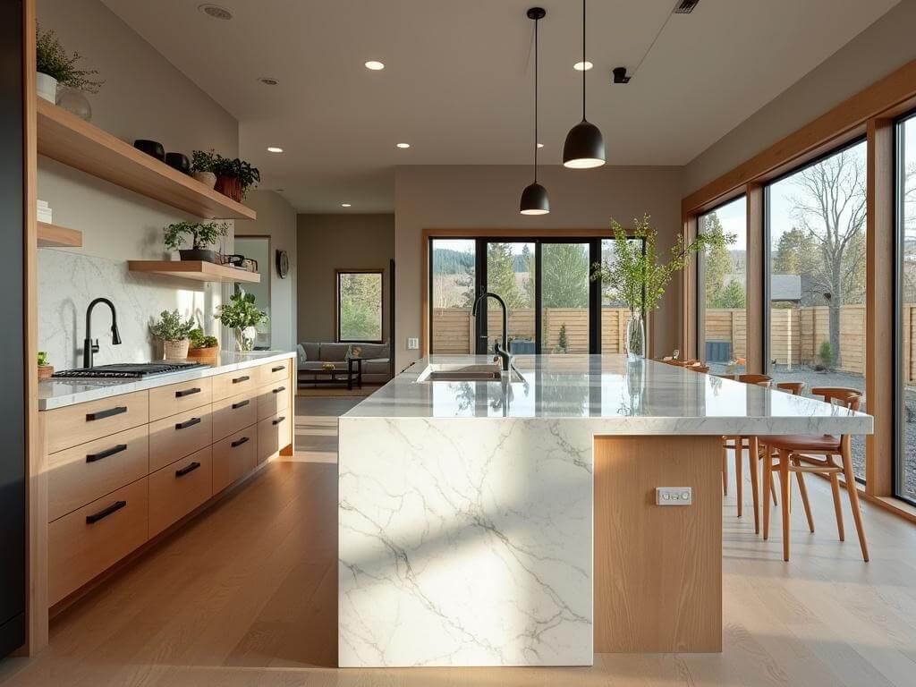 High-end modern kitchen remodel, Northeast Bend, Oregon, featuring white oak cabinetry, quartz waterfall island, and soft grey backsplash. Shot using natural light, displayed in a professional real estate photography style.