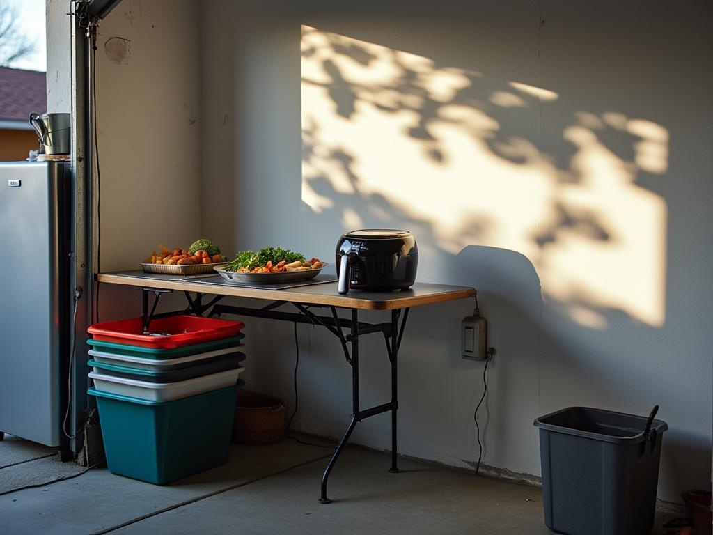 Temporary kitchen in a converted garage space, featuring an induction burner, air fryer, mini fridge and storage bins in late afternoon light.
