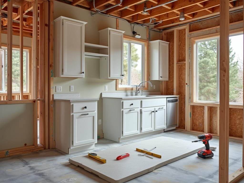 Mid-remodel kitchen in Bend, Oregon with exposed wall framing, rerouted plumbing, partial cabinetry, and ready-to-mud drywall patches, showcasing professional adherence to infrastructure work.