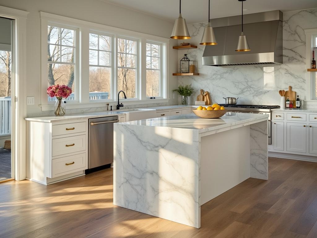 Modern farmhouse kitchen with white shaker cabinets, quartz waterfall island, and white oak flooring, skillfully lit and softly focused on island's edge.