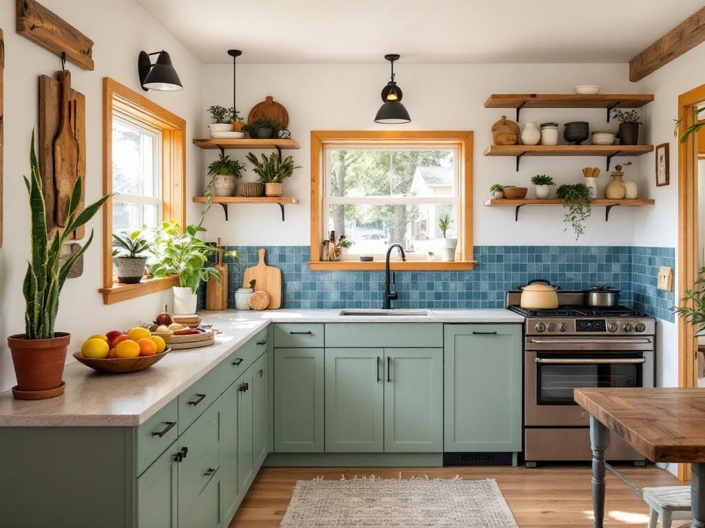 Sustainable ADU kitchen with sage green FSC-certified cabinets, oceanic blue recycled glass tiles, and reclaimed wood open shelving, captured with a Sony A7R IV camera.