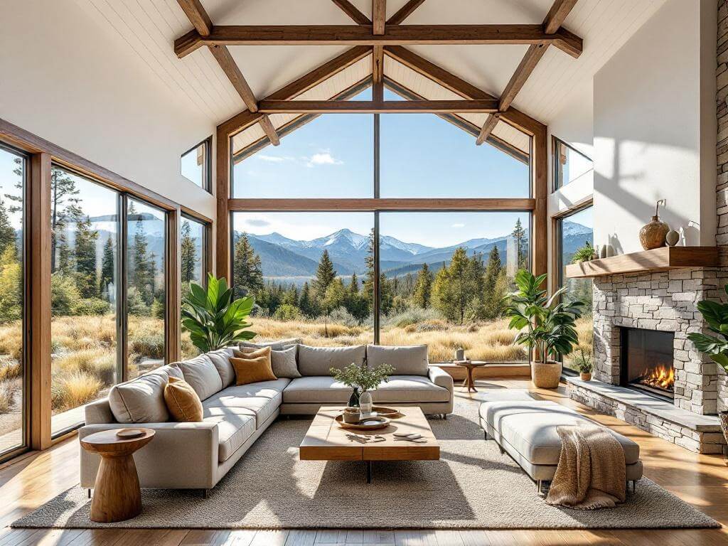 Light-filled mountain-modern living space with exposed timber trusses, natural stone fireplace, neutral furnishings, in a Central Oregon home, blending seamlessly with outdoor sagebrush, pines, and distant snow-capped peaks.