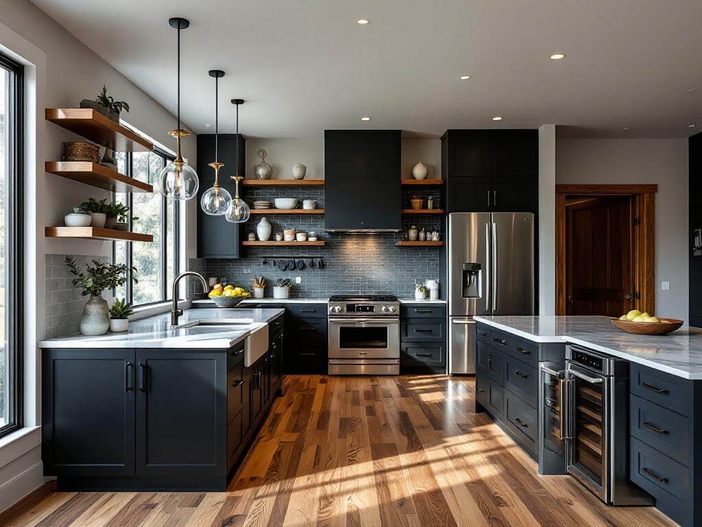 High-end modern kitchen in a Northwest Crossing home, Bend, OR, featuring matte black custom cabinetry, walnut open shelving, white quartz countertops, waterfall-edge island, Sub-Zero fridge, Wolf range, and reclaimed oak flooring.