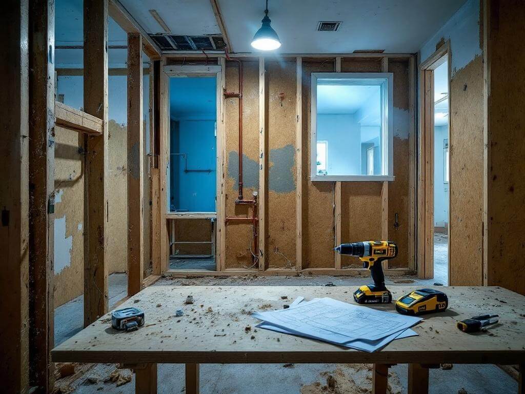 Mid-remodel kitchen scene in Broken Top, Bend, OR, showing exposed wall studs, new plumbing, electrical wiring, water-damaged subfloor, and a plywood workbench with blueprints and drill.