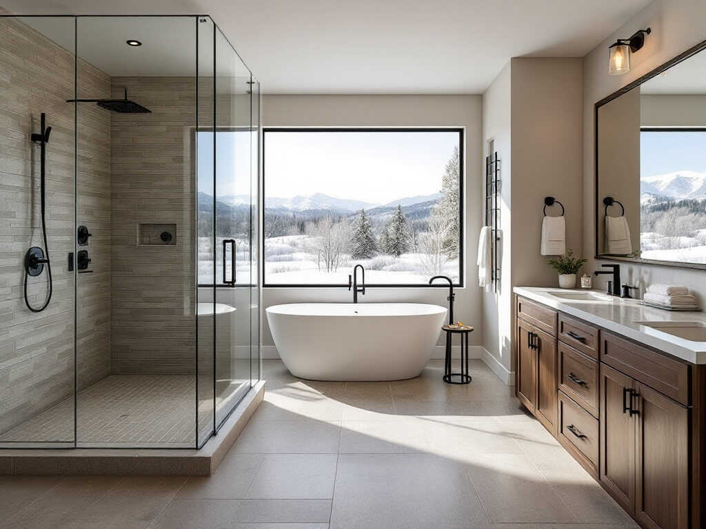 Luxury master bathroom featuring walk-in shower, freestanding tub, double vanity with walnut cabinetry, white marble countertops, and radiant heated floor, offering a view of the snow-covered Cascades.
