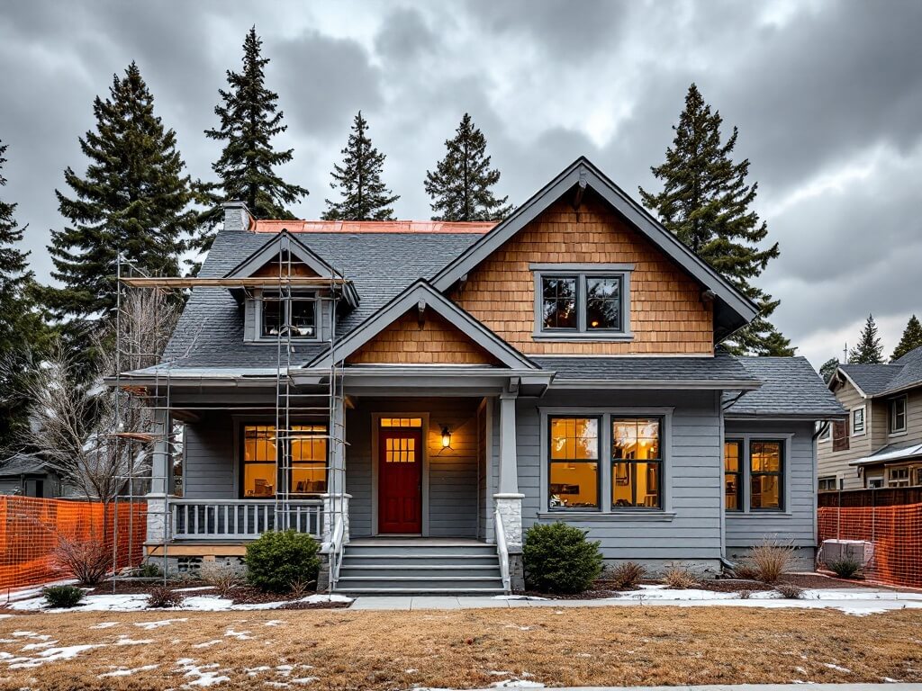 Renovation of a historic Craftsman home in Bend, Oregon with new structural supports, restored clapboard siding and fresh paint, set against the backdrop of storm clouds and tall ponderosa pines.
