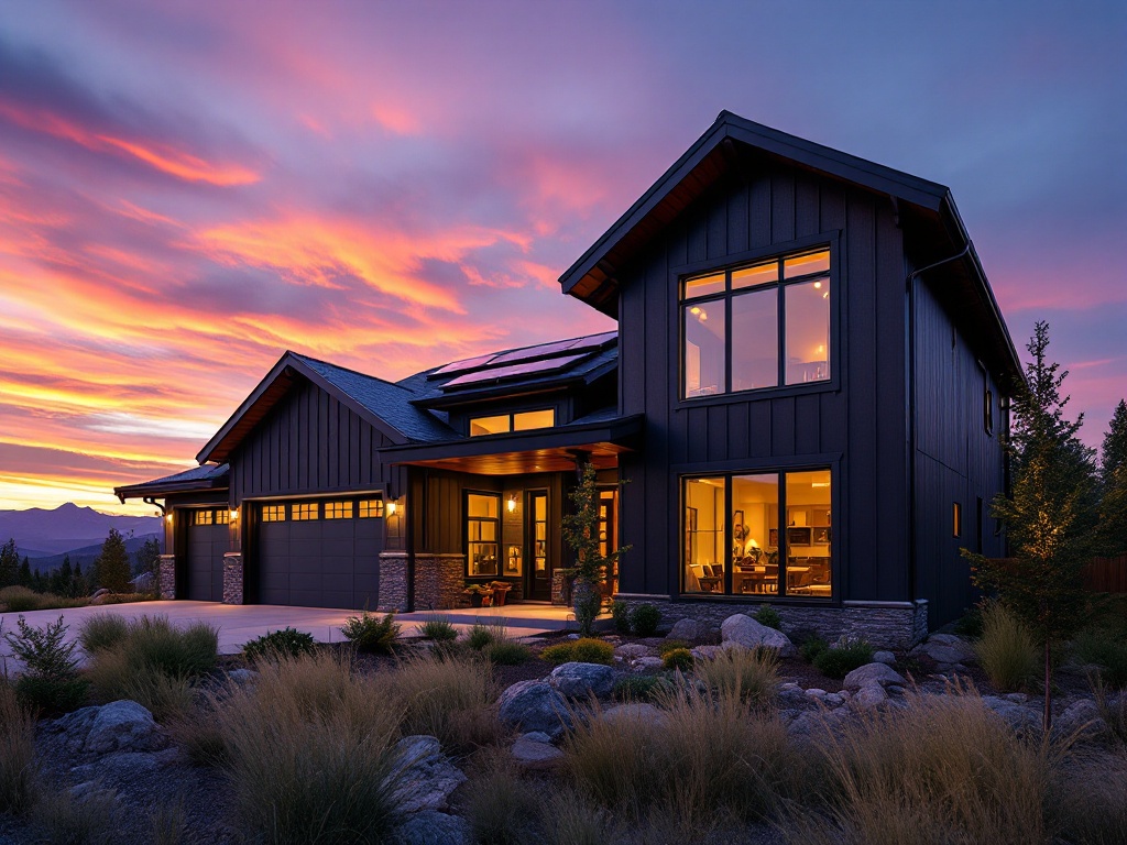 Contemporary mountain home facade in Bend at golden hour, highlighting charcoal fiber cement siding, snow-ready roof with solar panels, and surrounding Cascade landscape.