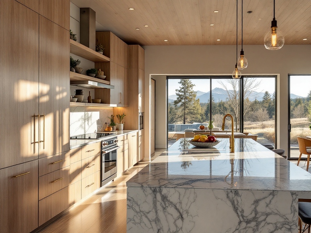 Modern kitchen interior in Bend, Oregon featuring white oak cabinets, quartzite waterfall island, integrated appliances, floating shelves, and breakfast nook with mountain views.