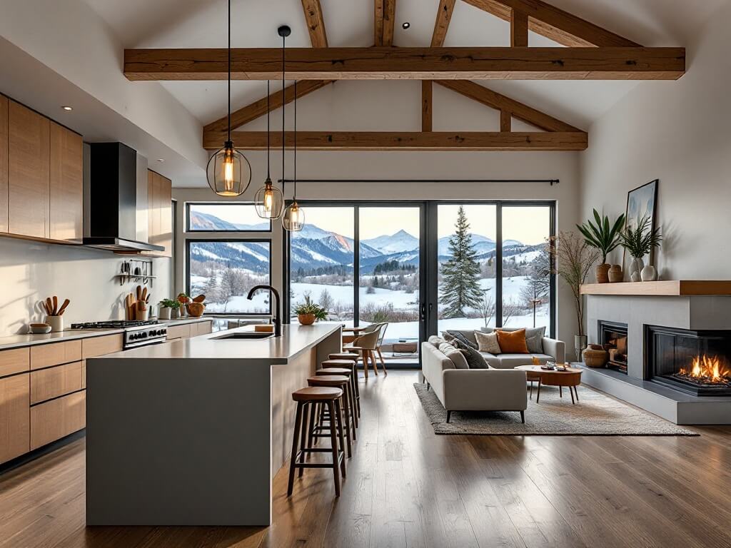 Modern open-concept kitchen and living room with rustic elements, large energy-efficient windows revealing Cascade mountains in a renovated Oregon home.