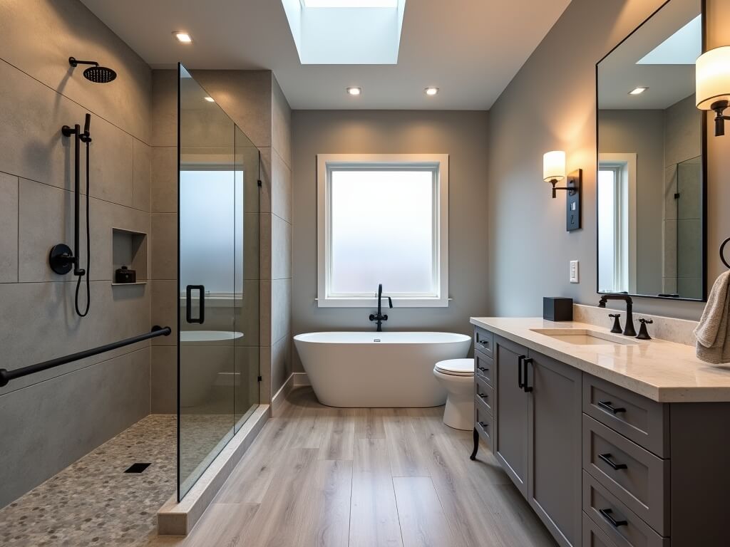 Luxury bathroom remodel in Bend, Oregon, featuring a curbless walk-in shower, floating quartz vanity, heated porcelain flooring, and accessible design elements, all captured in a serene blend of natural and LED lighting.