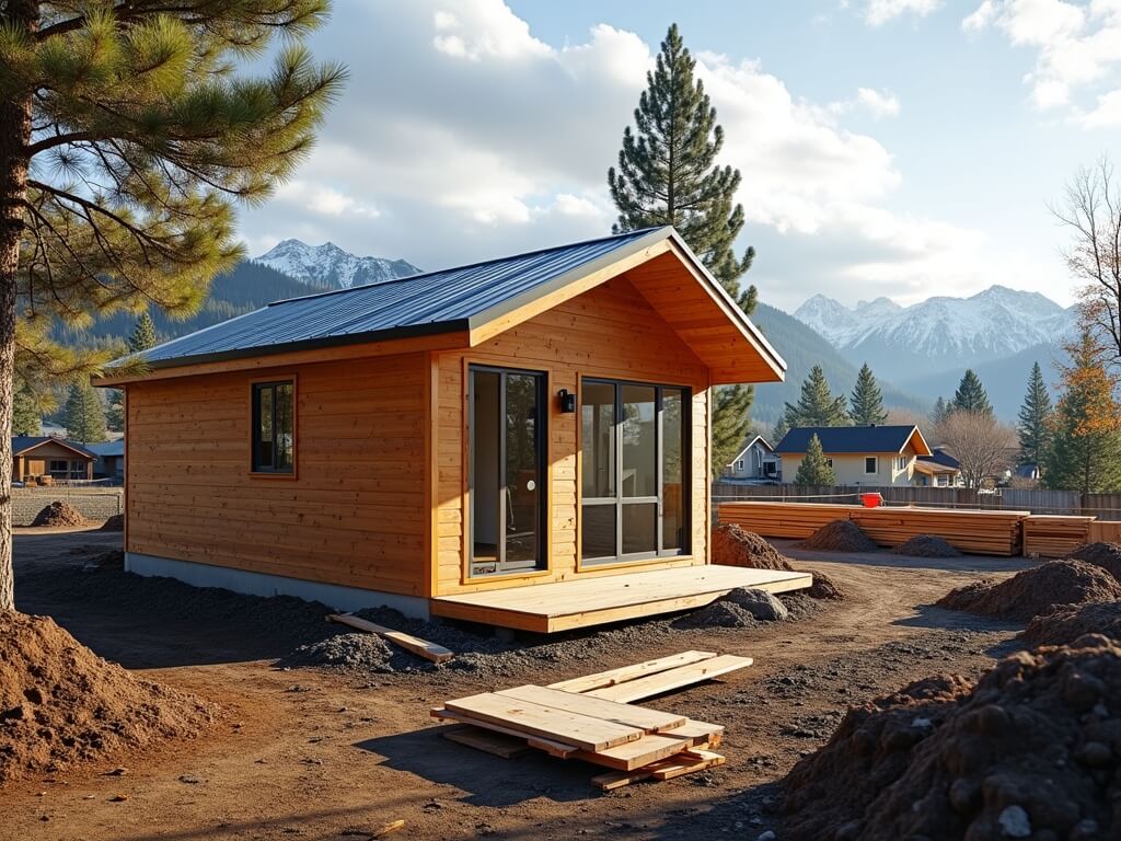 Partially constructed eco-friendly ADU with cedar siding and metal roof in a scenic neighborhood in Bend, Oregon with blurred Cascade Mountains in the background.
