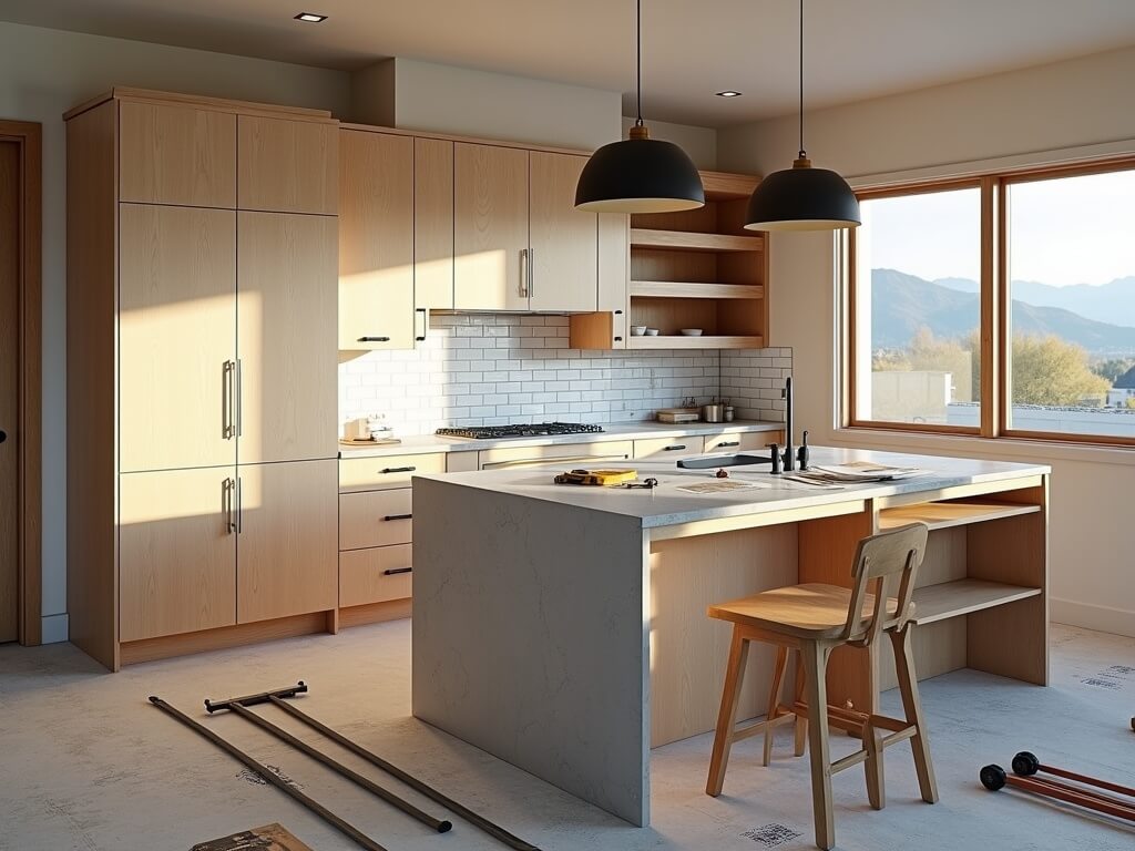 "Modern kitchen renovation in progress with white oak cabinets, gray quartz island, black fixtures, natural light, contractor tools, and architectural blueprints in a contemporary Central Oregon design."