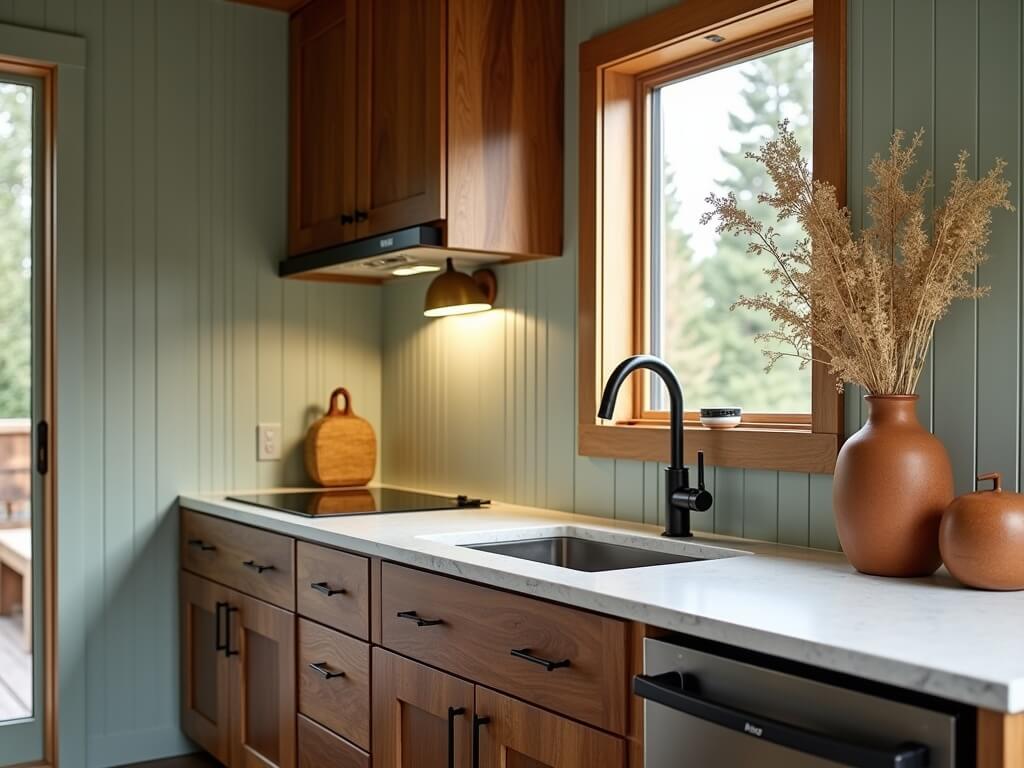 Custom ADU kitchenette in Bend, Oregon with walnut cabinetry, quartz countertop, and sustainable materials, bathed in natural light from a clerestory window.