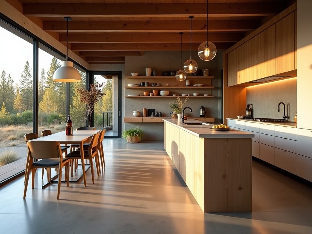 Contemporary Central Oregon kitchen with white oak island, reclaimed fir open shelving, polished concrete floor, and matte black fixtures, lit by warm under-cabinet lighting and soft sunlight through window.