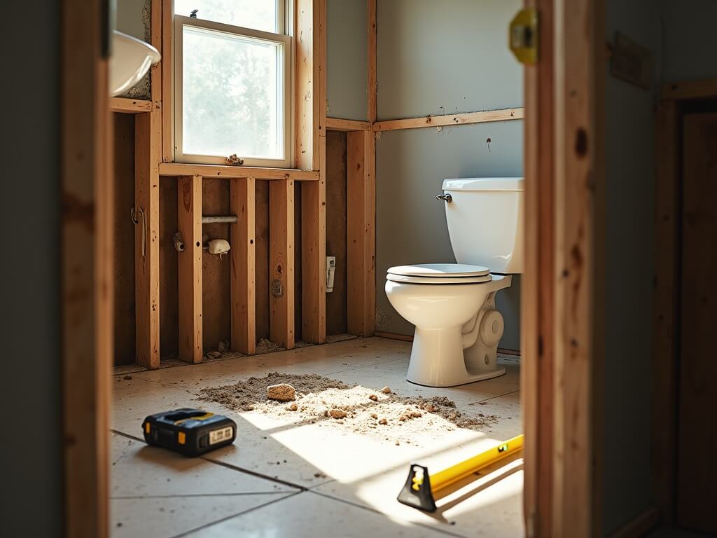 Mid-renovation bathroom in a pre-1980s Oregon home showing exposed wiring, deteriorating subfloor, and plumbing installation, with new toilet and construction tools visible.
