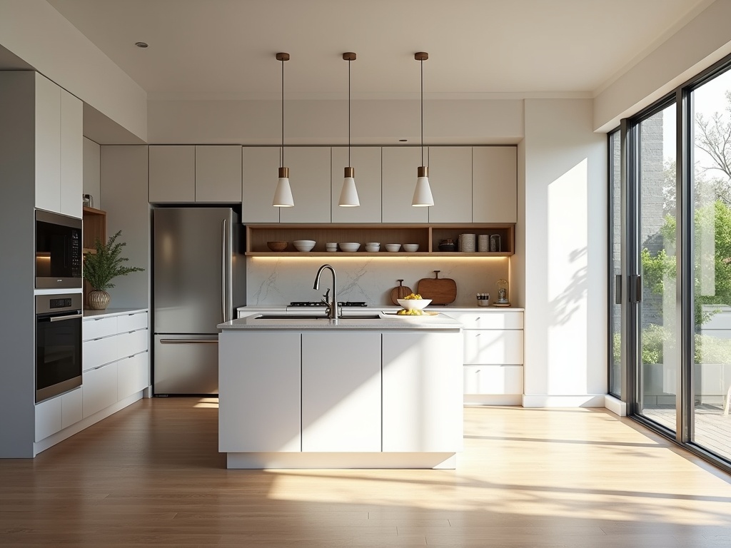 Modern kitchen with white quartz countertops, stainless steel appliances, warm gray and white color scheme, under-cabinet lighting, and morning sunlight.