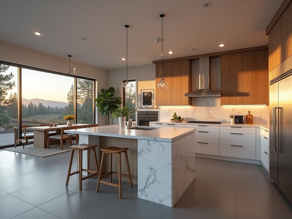 Newly remodeled open-concept kitchen and living area in Bend, Oregon home, featuring quartz countertops, white oak cabinetry, LED lighting, stainless steel appliances, and a view of pine trees and mountains at sunset.