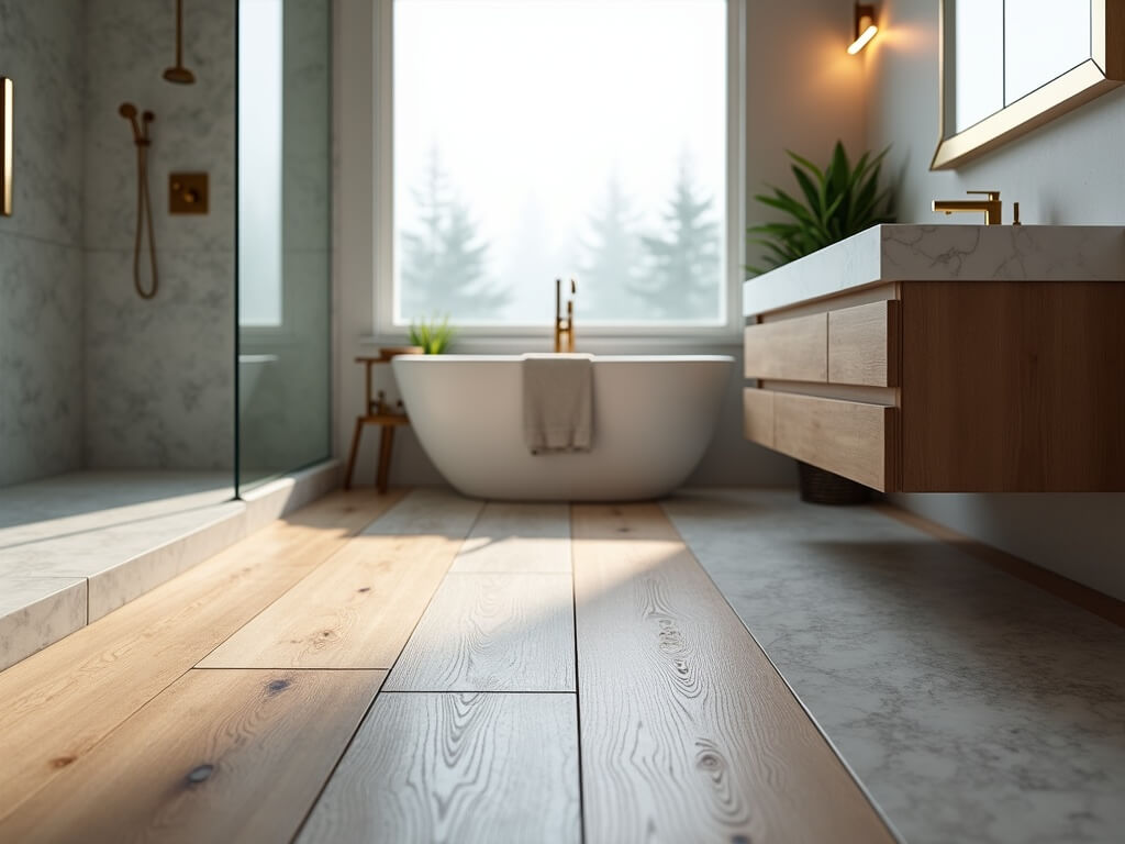 "Modern bathroom interior featuring waterproof flooring samples of luxury vinyl plank, porcelain tiles, and natural stone with a corner shower and floating vanity in a Pacific Northwest design aesthetic."