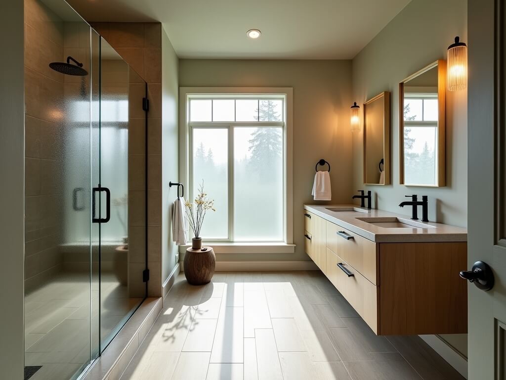 Luxury rustic-modern bathroom in high-end Sunriver home with frameless glass shower, floating vanities, quartz countertop, and brass accent lighting, bathed in soft morning light.