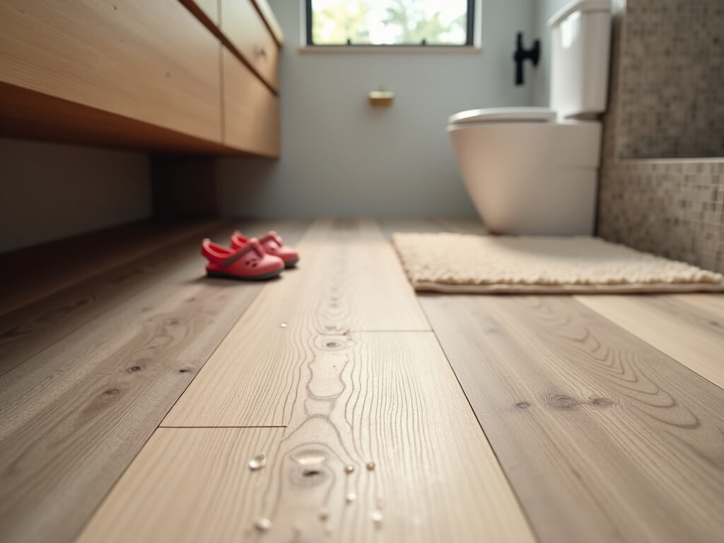 Close-up of luxury vinyl plank flooring in a Sunriver guest bathroom, with water shoes and droplets highlighting moisture resistance, and a glimpse of a ceramic tile wall.