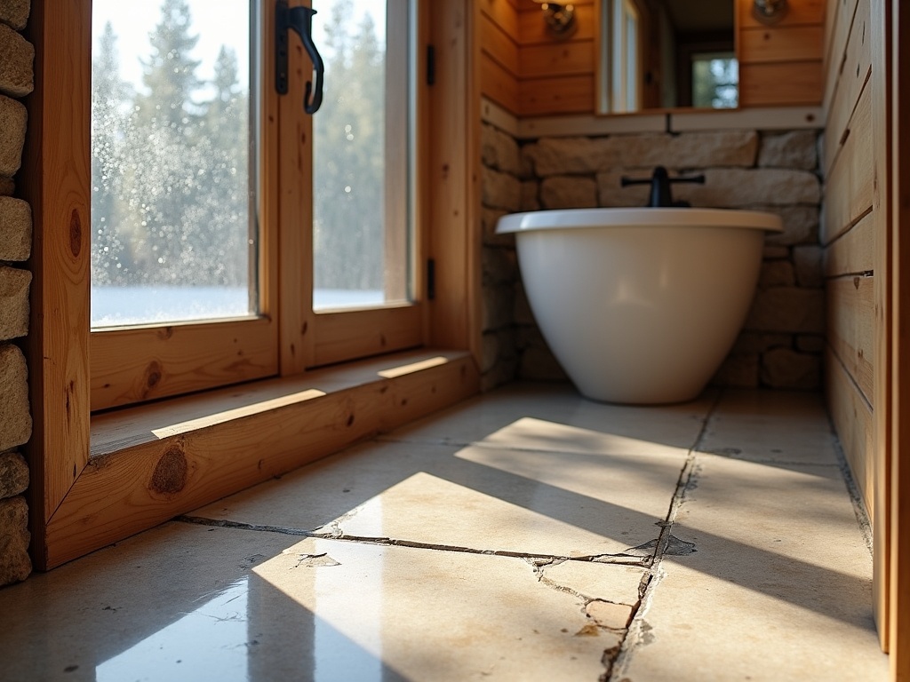 Architectural photography showcasing freeze-thaw damage effects in a Sunriver home bathroom, featuring cracked tiles, water-damaged wood, and weathered cedar elements.