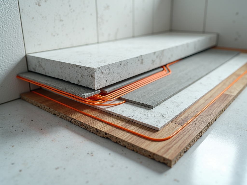 Bathroom renovation materials and waterproofing installation process, showing flooring layers, tile samples, quartz countertop, and glass shower enclosure hardware.