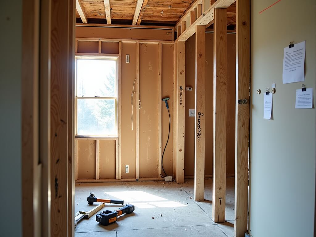 Mid-demolition kitchen renovation scene in Bend, with exposed framing, installed LVL header beam, neatly arranged tools and permit documents pinned on a stud.