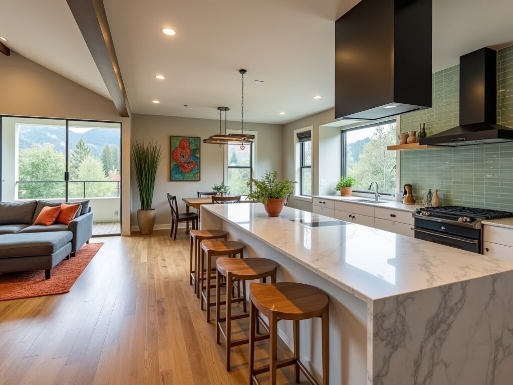 Open-concept kitchen interior in a modern Central Oregon home, featuring white oak cabinetry, a large quartz island, sage green backsplash, and natural décor elements.